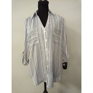 NWT iZ Byer Women's White Blue Striped Button Down Shirt Size Medium